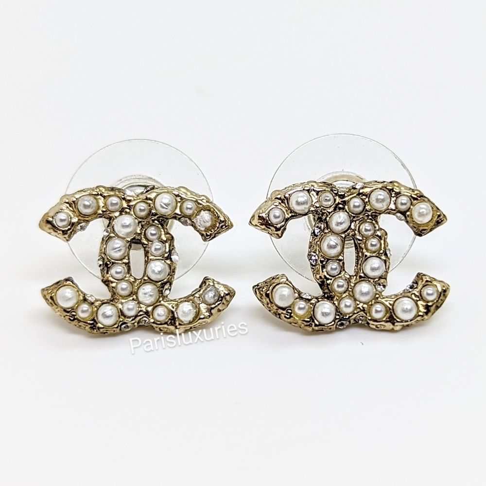 CHANEL Gold Pearl Crystal Bling CC Piercing